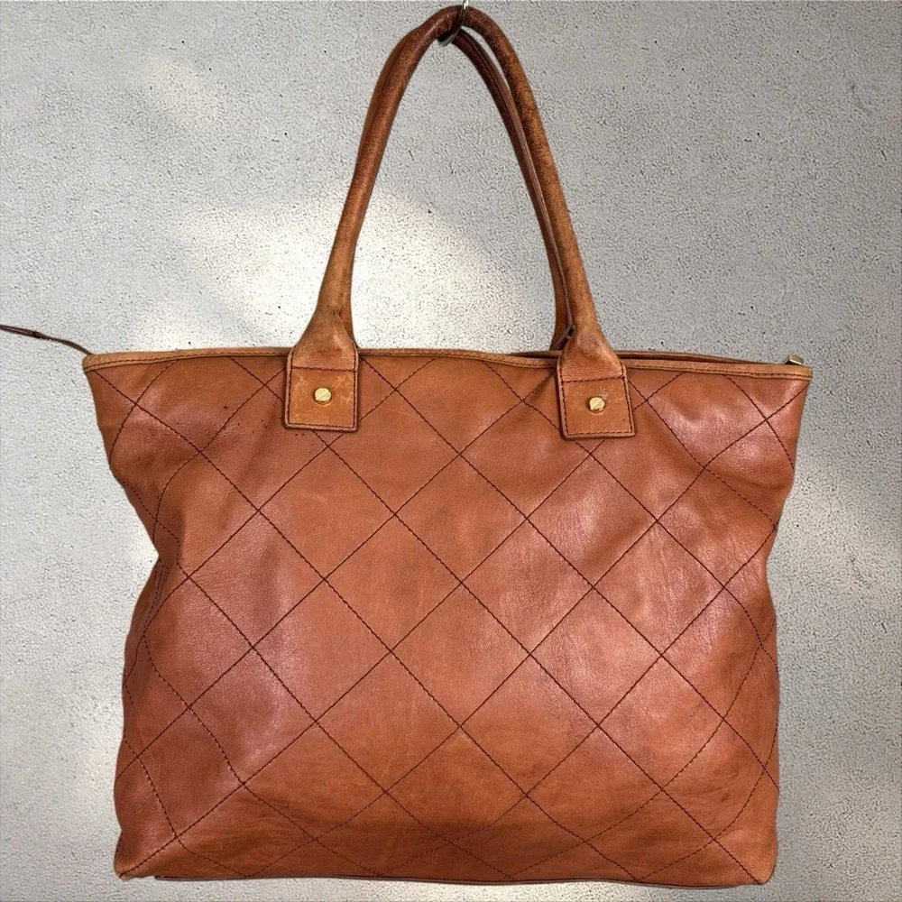 Tory Burch Jaden Quilted Leather‎ Tote Bag Purse Cognac Brown